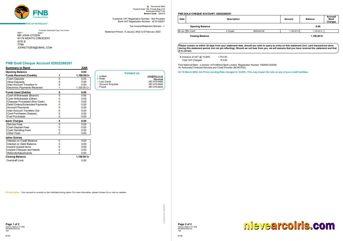 South Africa FNB Bank Statement 2 Pages Template