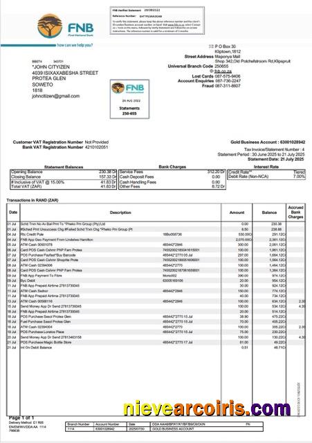 Premium South Africa FNB Bank Statement Word And PDF Template