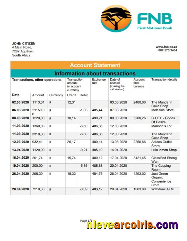 Realistic South Africa First National Bank (FNB) Proof Of Address Statement Template In Word And PDF Format