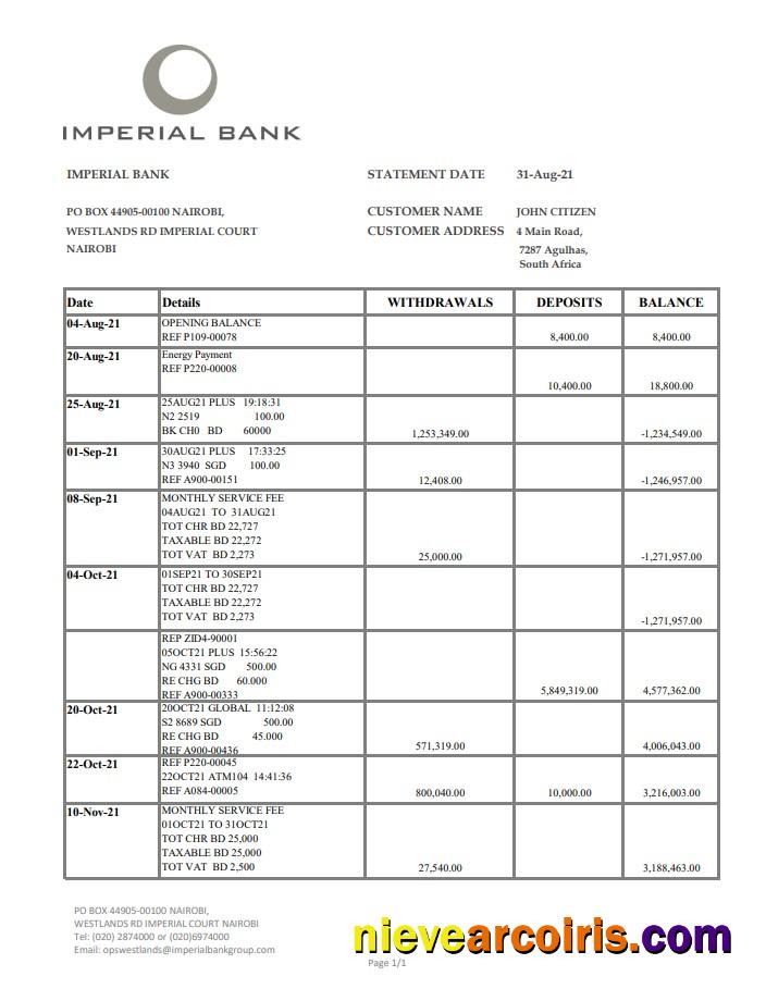 South Africa Imperial Bank Excel Pdf Sample