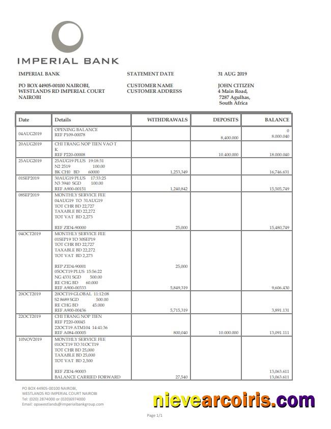 Realistic South Africa Imperial Bank Statement Easy To Fill Template In Word And PDF Format