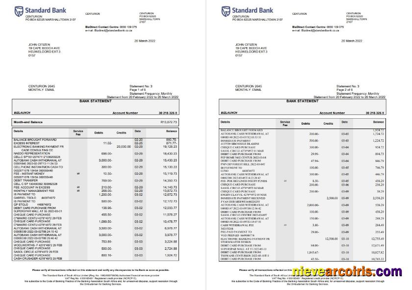 South Africa Standard Bank Statement 6 Pages Template