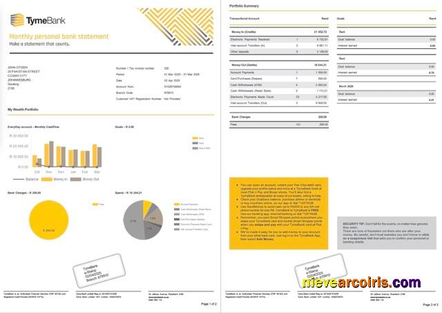 Professional South Africa Tyme Bank Account Statement Word And PDF Template, 2 Pages