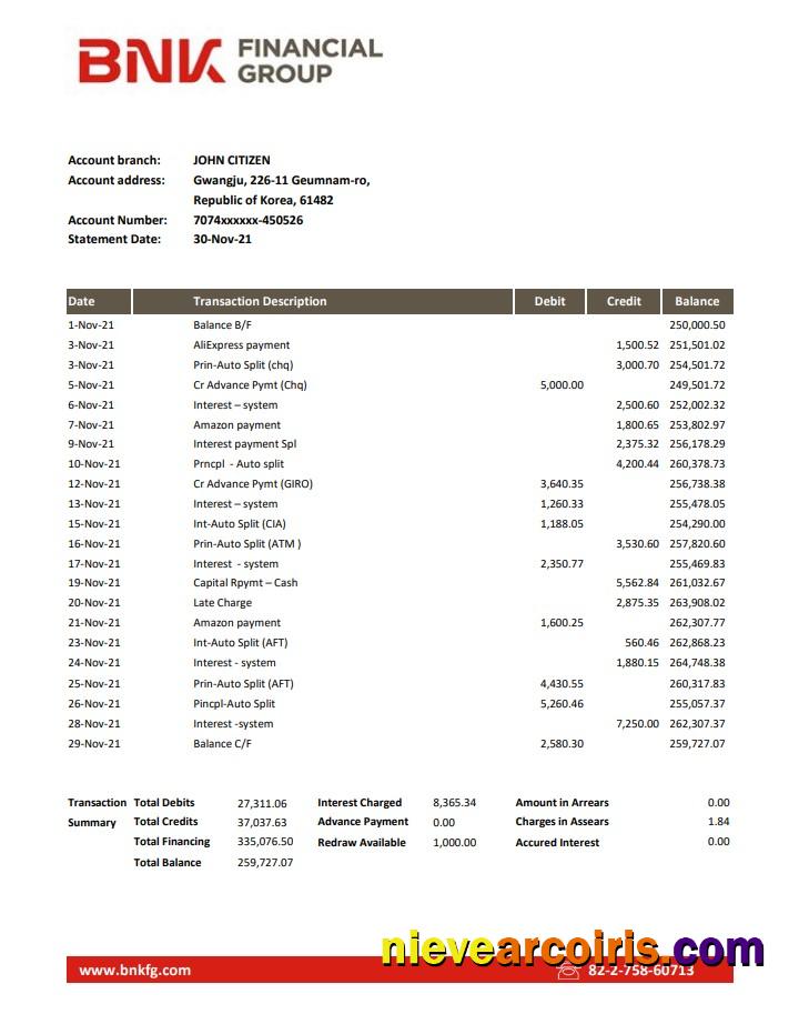 Professional South Korea BNK Bank Statement Easy To Fill Template In Excel And PDF Format