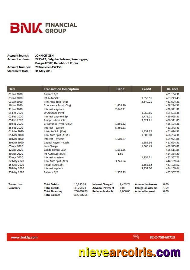 Realistic South Korea BNK Bank Statement Template, Word And PDF Format (.doc And .pdf)