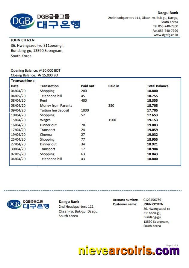 Premium South Korea Daegu Bank Proof Of Address Statement Template In Word And PDF Format