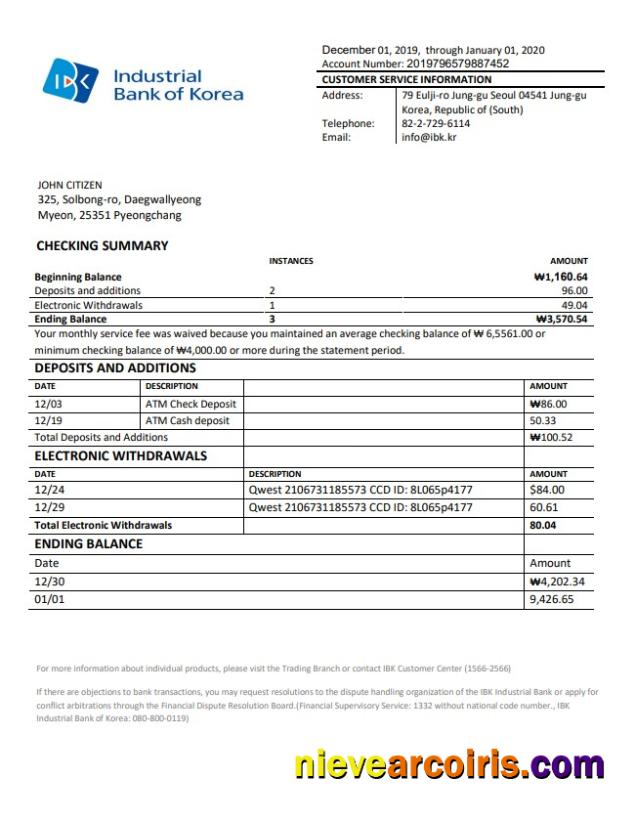 Editable South Korea Industrial Bank Of Korea Bank Statement Template In Word And PDF Format