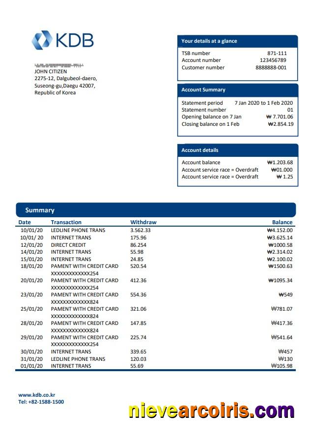 Realistic South Korea KDB Bank Proof Of Address Statement Template In Word And PDF Format