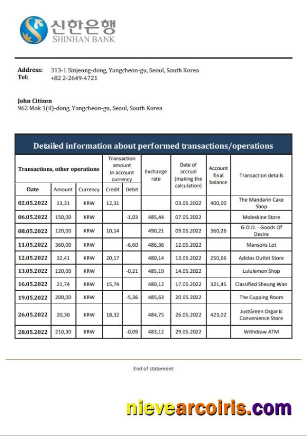 South Korea Shinhan Bank Statement Template