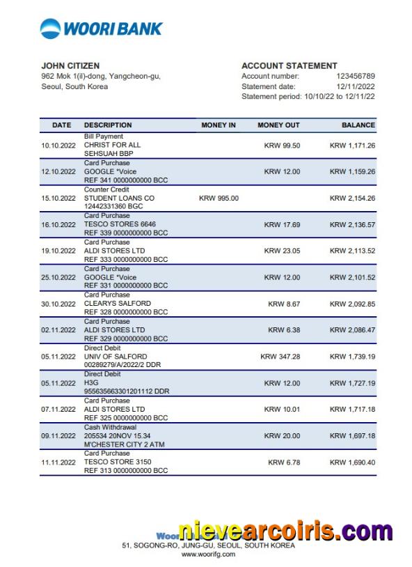 South Korea Woori Bank Statement Xls Sample