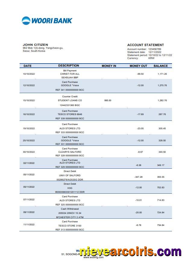 South Korea Woori Bank Statement Template