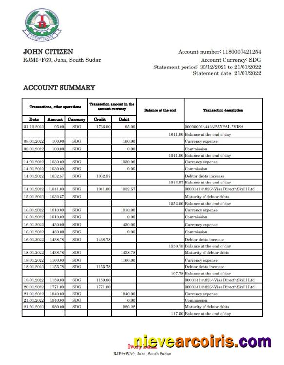 South Sudan Ivory Bank Statement Xls Template