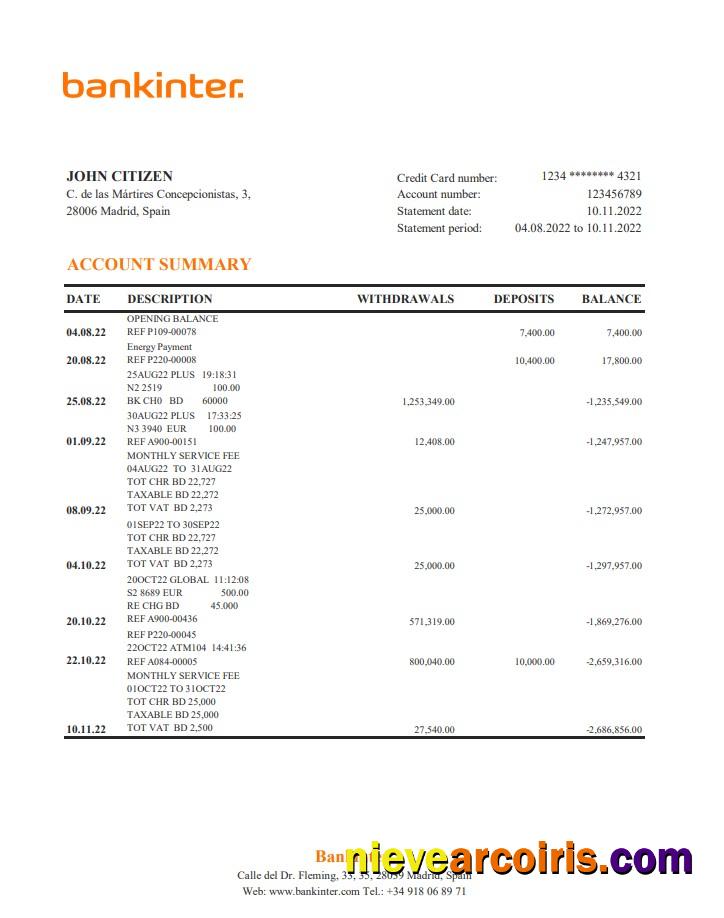 Spain Bankinter Bank Statement Xls Sample