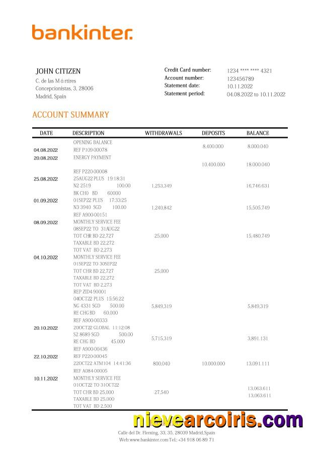 Spain Bankinter Bank Statement Preview