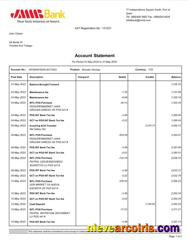 Editable Spain JMMB Bank Statement Word And PDF Template, 2 Pages