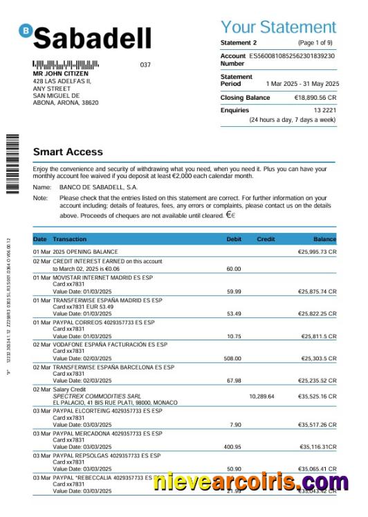 Professional Spain Sabadell Bank Statement 3 Month Word And PDF Template, 9 Pages