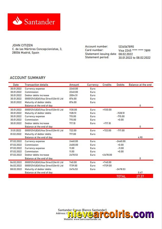 Realistic Spain Santander Bank Statement Template In Word And PDF Format, Version 2