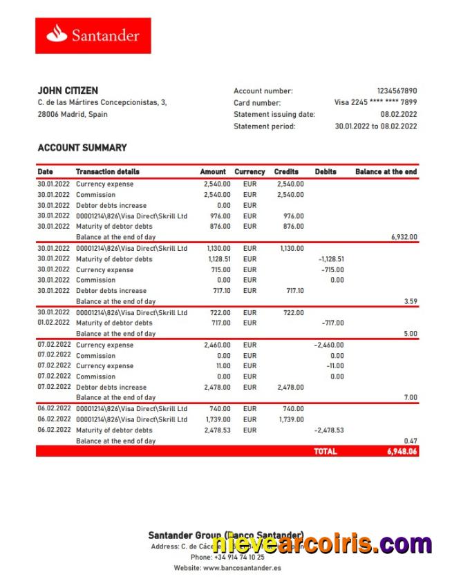 Spain Santander Bank Statement Xls Preview