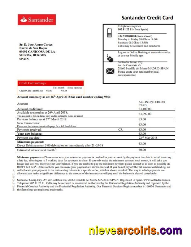 Spain Santander Credit Card Proof Of Address Bank Statement In Word And PDF Format Photolook