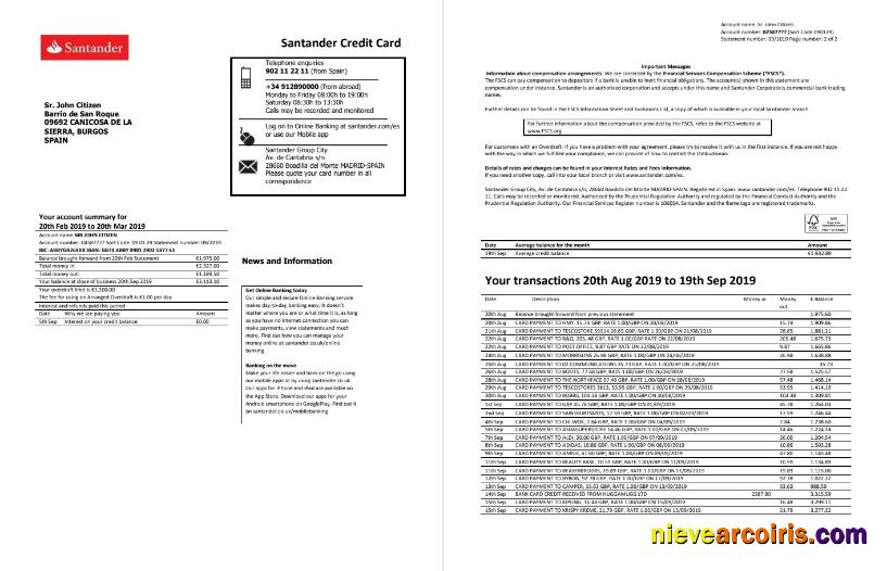 Editable Spain Santander Credit Card Statement Template, Word And PDF Format (.doc And .pdf), 2 Pages