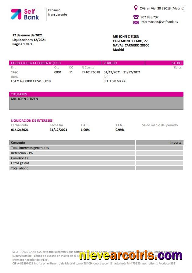 Realistic Spain Self Bank Proof Of Address Statement Template In Word And PDF Format, .doc And .pdf Format