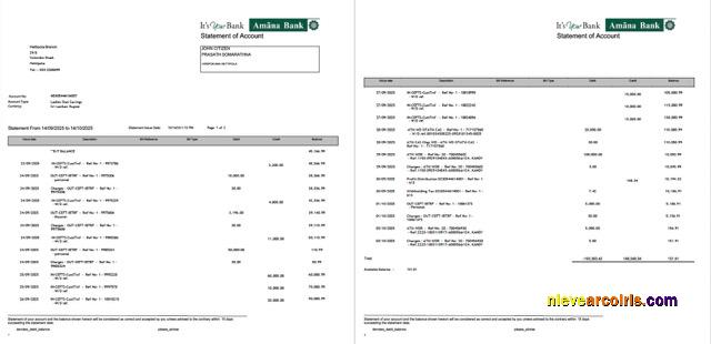 Professional Sri Lanka Amana Bank Statement Of Account Word And PDF Template, 2 Pages