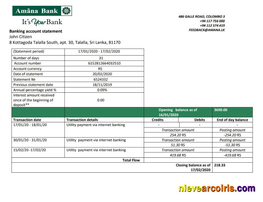 Realistic Sri Lanka Amana Bank Proof Of Address Statement Template In Word And PDF Format
