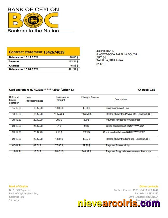 Editable Sri Lanka Bank Of Ceylon Bank Statement Template In Word And PDF Format, Good For Address Prove
