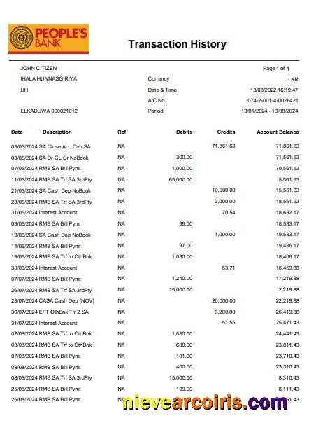 Sri Lanka People's Bank Statement Word And PDF Example Preview