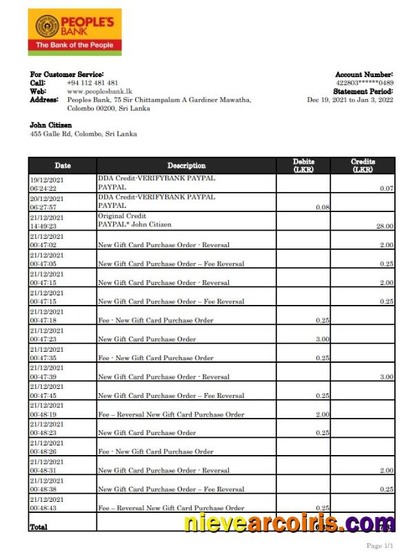 Sri Lanka People's Bank Statement Xls Preview