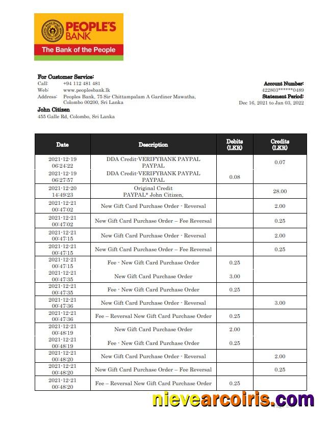 Sri Lanka People's Bank Statement Template