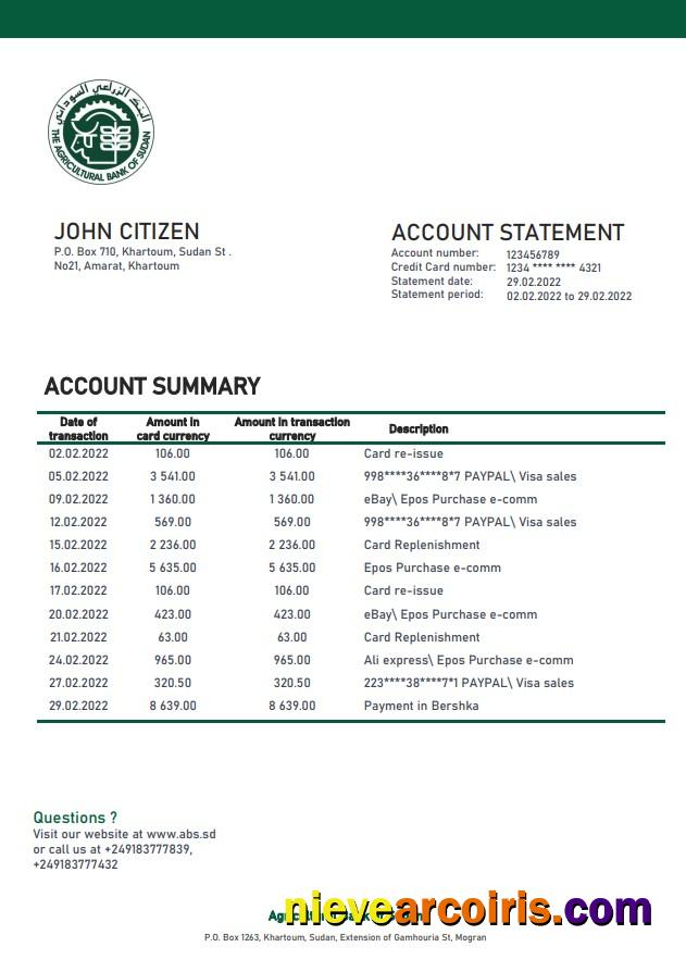 Sudan Agricultural Bank Of Sudan Bank Statement Sample