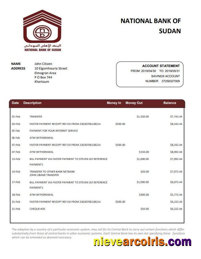 Premium Sudan National Bank Of Sudan Bank Statement Template In Word And PDF Format