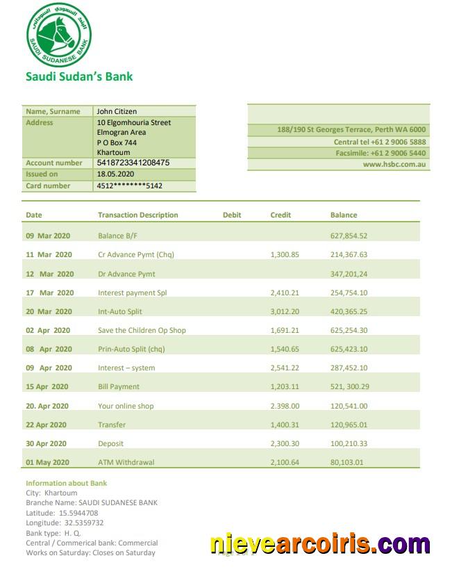 Realistic Sudan Saudi Sudanese Bank Proof Of Address Statement Template In Word And PDF Format