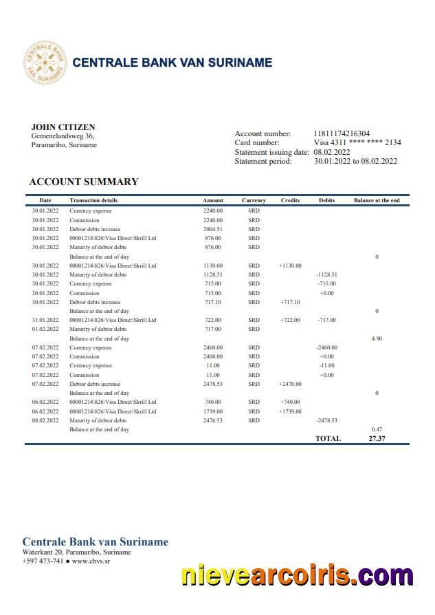 Editable Suriname Centrale Bank Van Suriname Bank Statement Template In Word And PDF Format