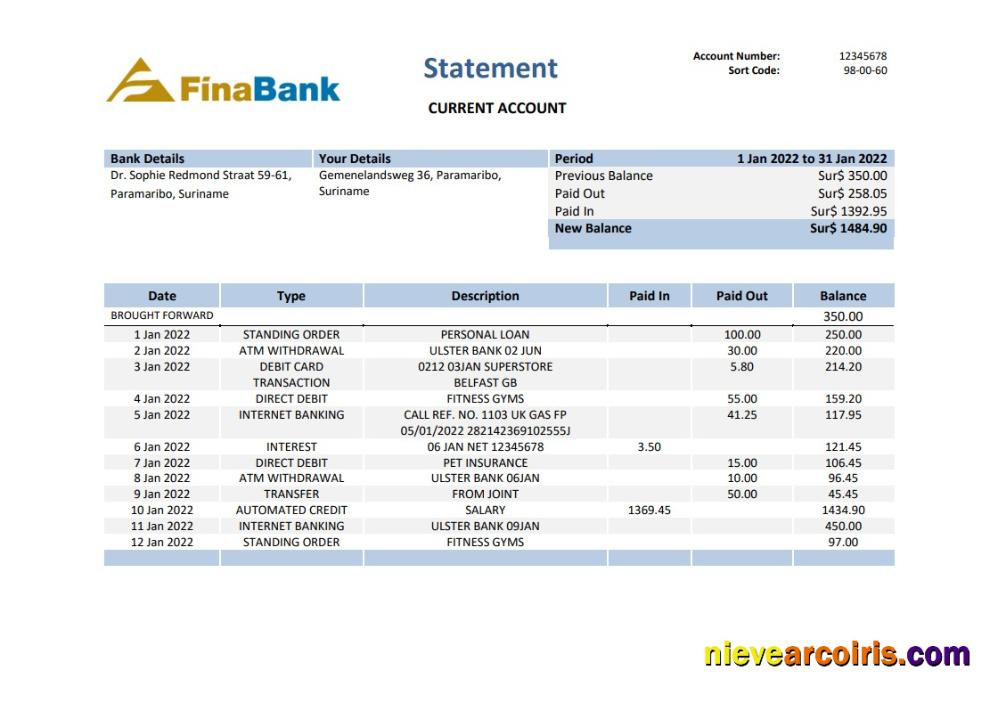 Suriname Finabank Statement Sample