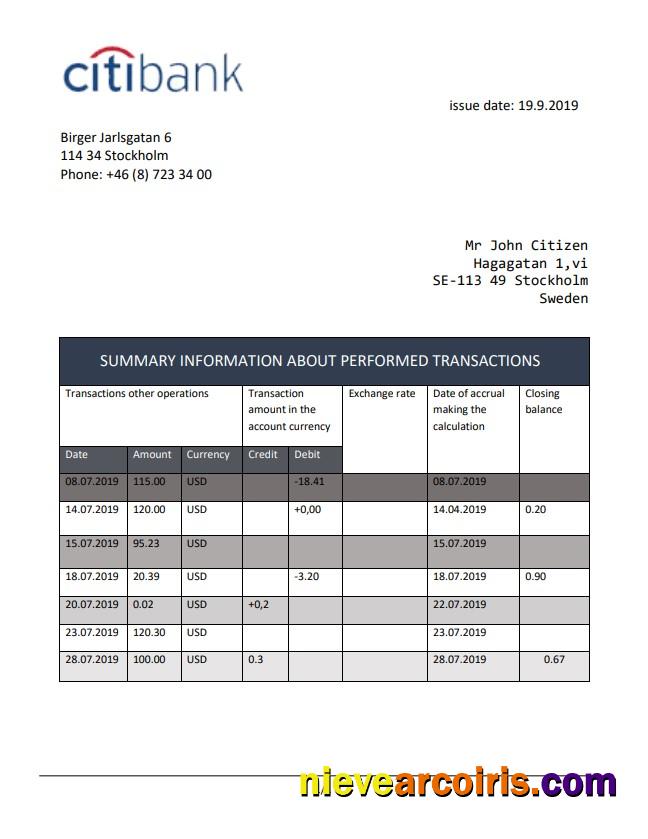 Professional Sweden Citibank Statement Easy To Fill Template In .doc And .pdf Format, Fully Editable