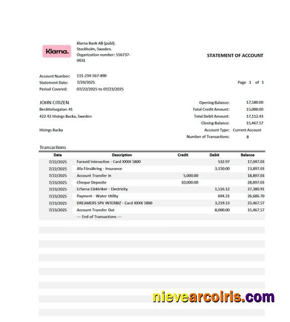 Editable Sweden Klarna Bank Statement Of Account Word And PDF Template