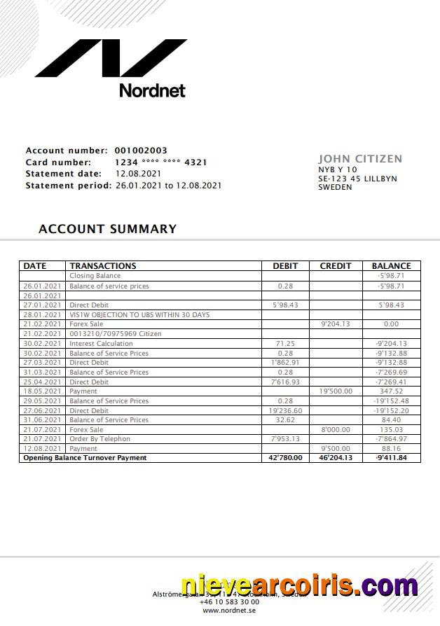 Premium Sweden Nordnet AB Bank Statement Easy To Fill Template In .doc And .pdf Format, Fully Editable