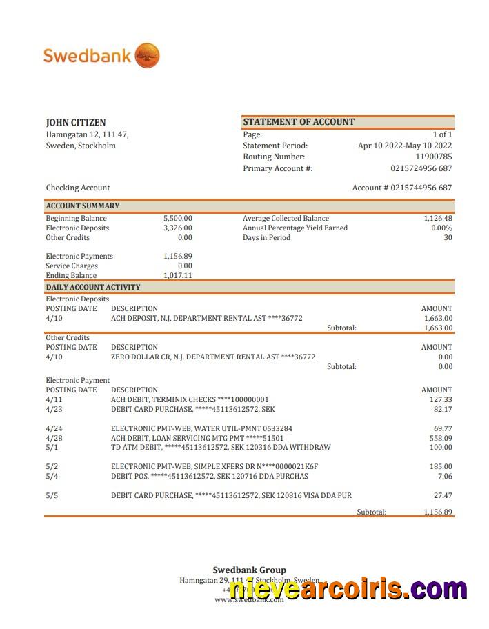 Sweden Swedbank Bank Statement Xls Preview