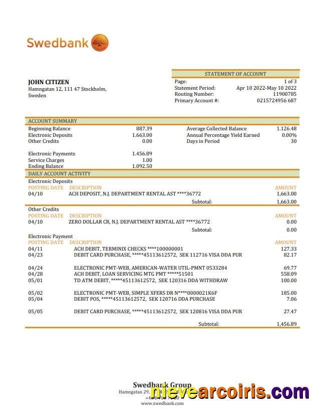 Sweden Swedbank Bank Statement Photolook