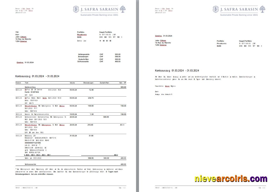 Switzerland Bank J. Safra Sarasin Bank Statement 2 Pages Copy Preview