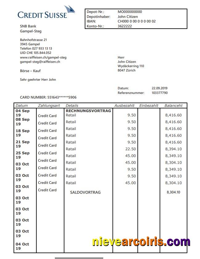 Realistic Switzerland Credit Suisse Bank Proof Of Address Statement Template In Word And PDF Format (.doc And .pdf)