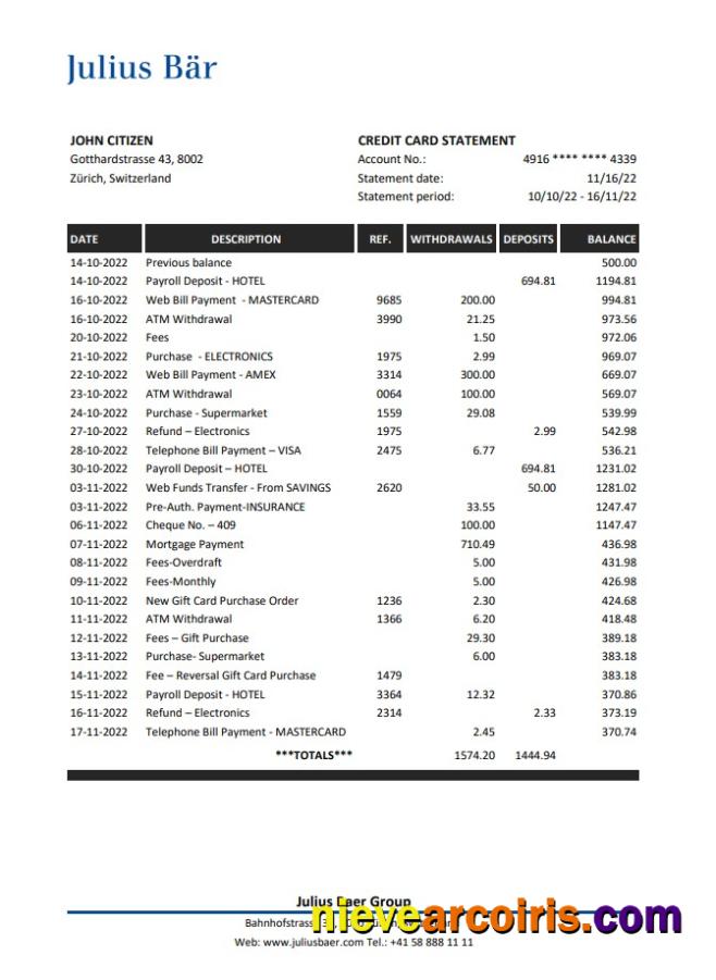 Switzerland Julius Bar Bank Statement Xls Preview