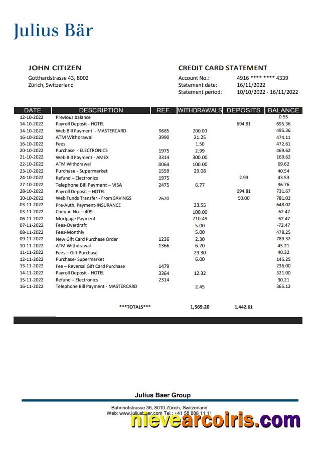 Switzerland Julius Bar Bank Statement Template