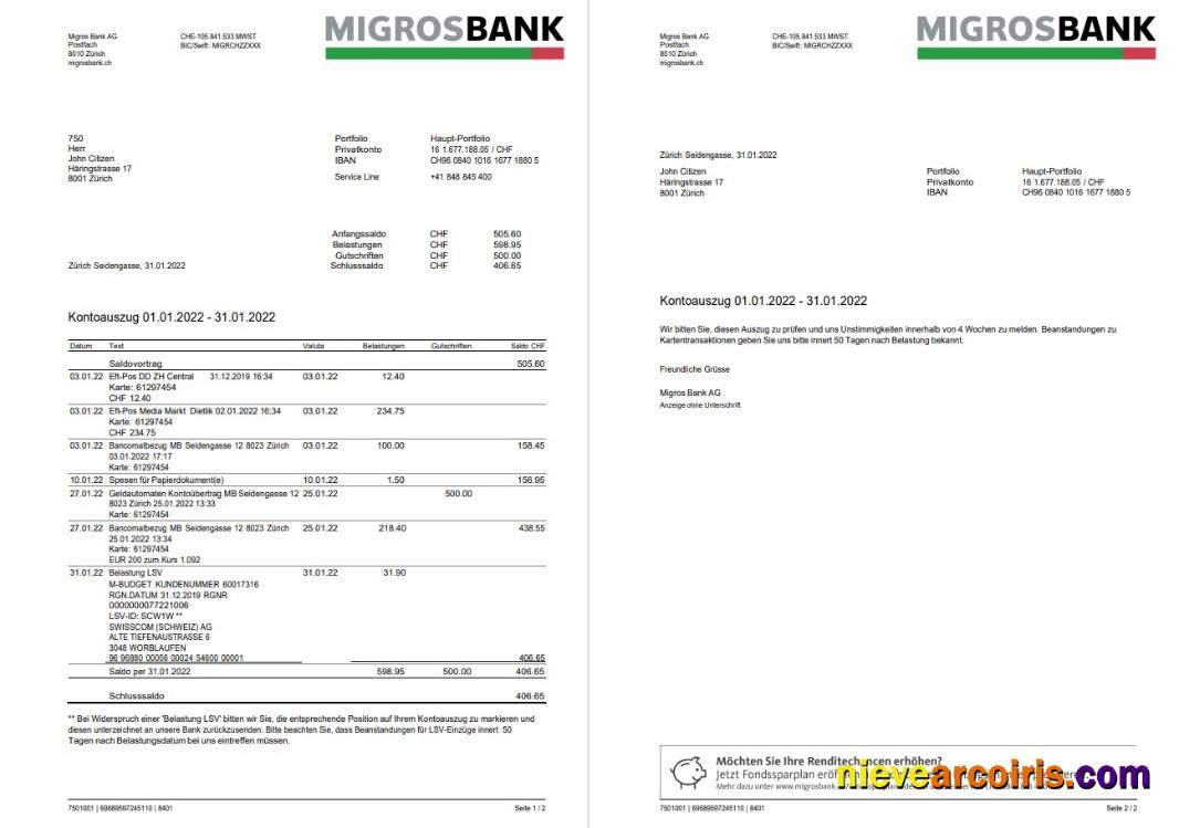 Switzerland Migrosbank Statement 2 Pages Template