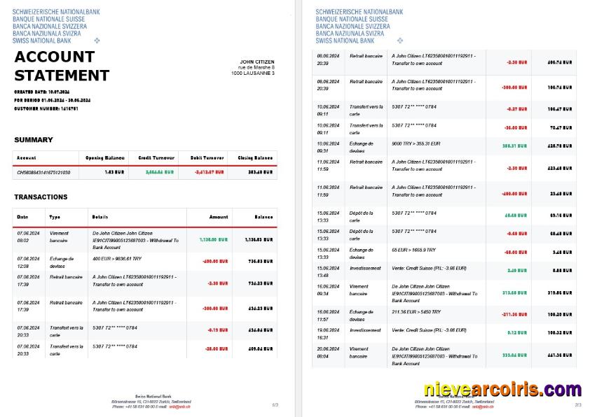 Switzerland Swiss National Bank SNB Account Statement, 3 Pages Photolook
