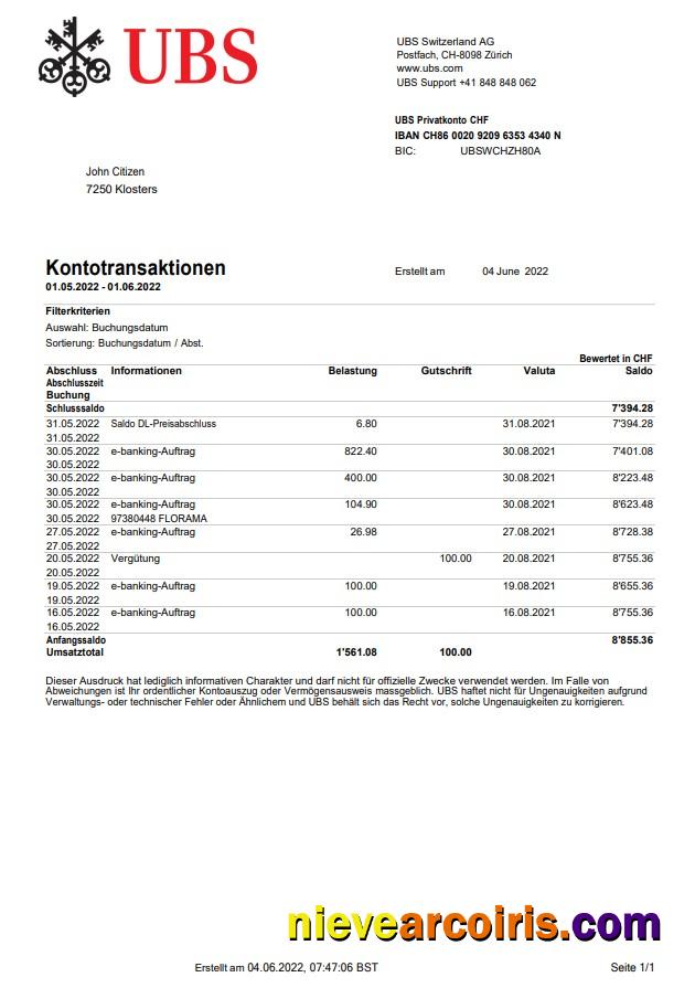 Premium Switzerland UBS Bank Statement, Word And PDF Template
