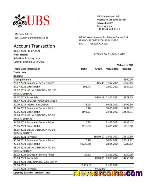 Switzerland UBS Excel Pdf Template