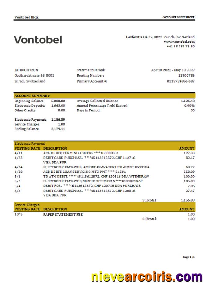 Professional Switzerland Vontobel Bank Statement, Excel And PDF Template